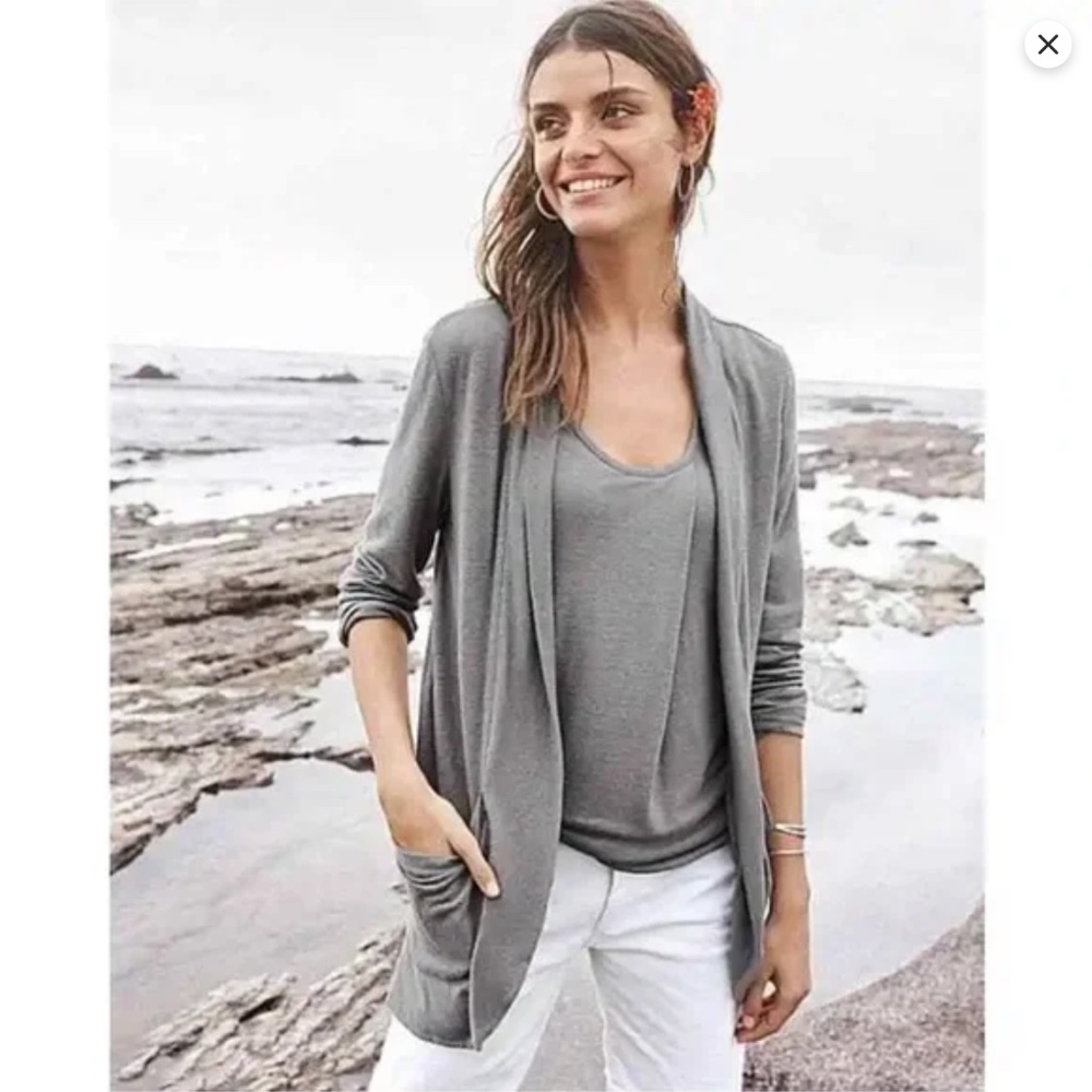 Garnet Hill Linen Modal Pocket Detail Cardigan & Top - Size S - Taupe Mushroom